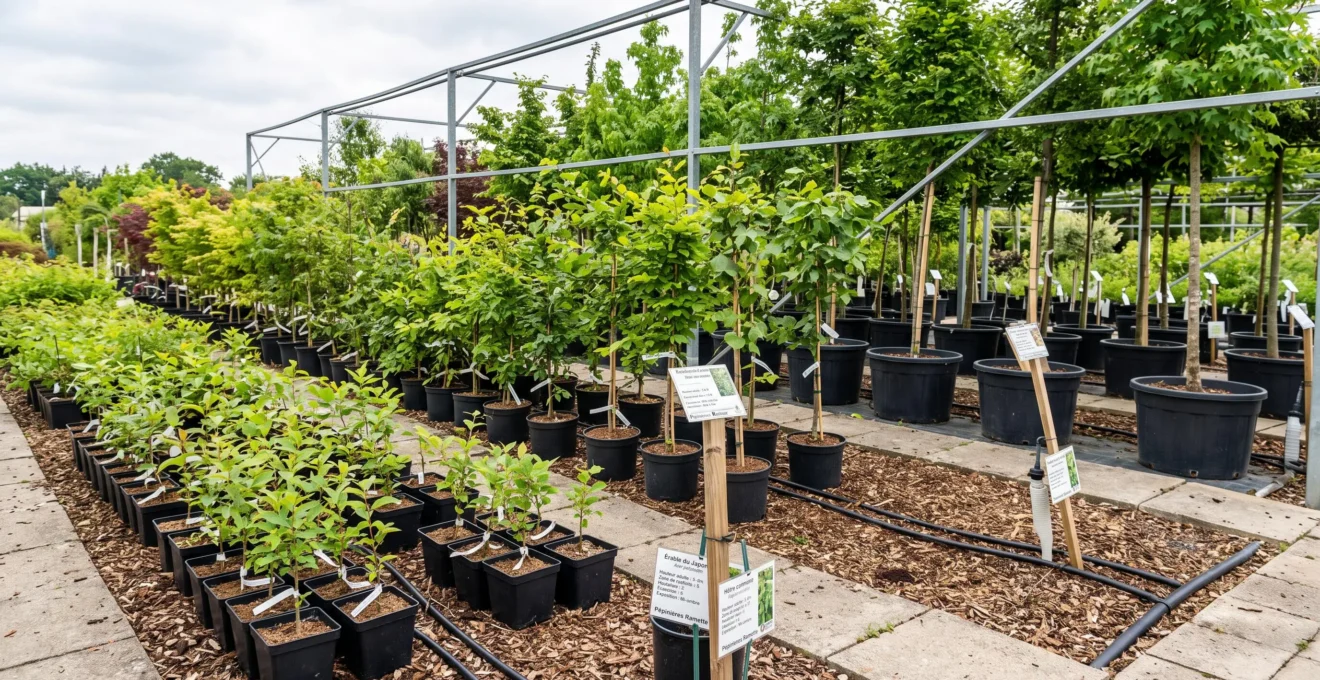 Allée de pépinière française montrant des arbres en conteneurs de tailles croissantes de 3 litres à 50 litres et plus, avec étiquettes botaniques en français indiquant noms d'espèces et caractéristiques