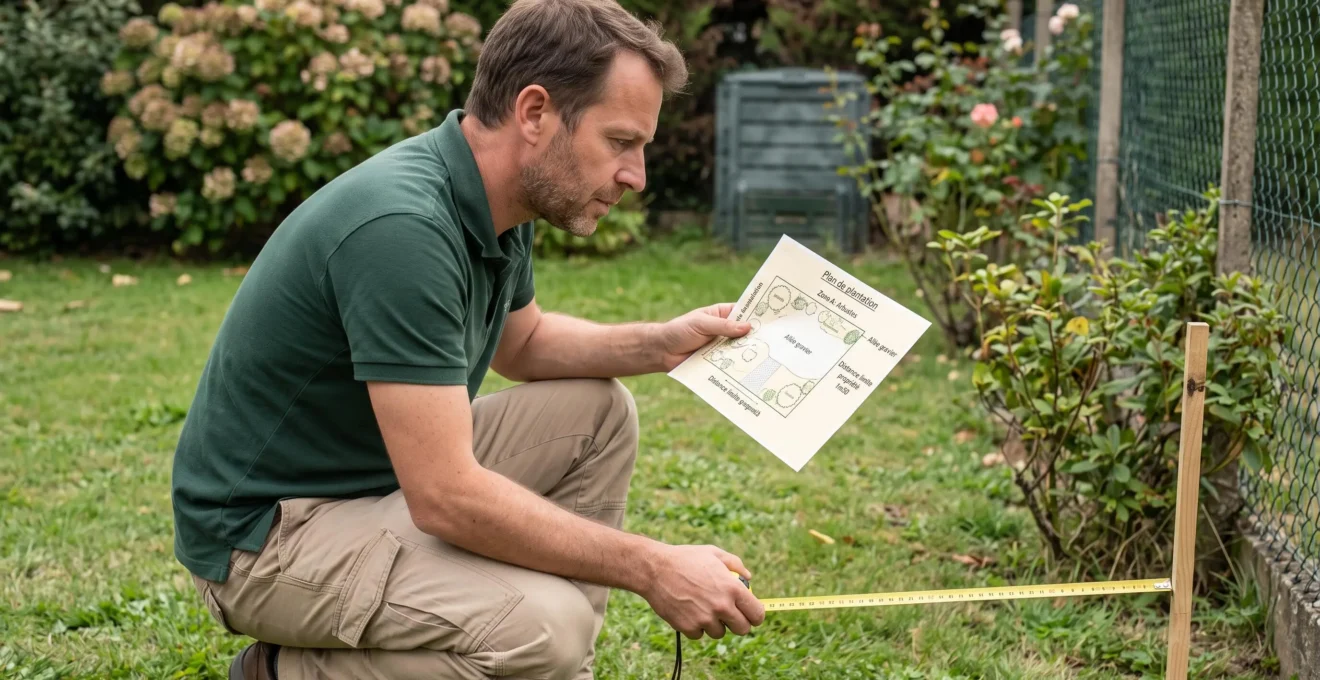 Homme dans un jardin français accroupi mesurant des distances au sol avec un mètre ruban tout en consultant un plan de plantation sur document, piquet de repérage visible à proximité