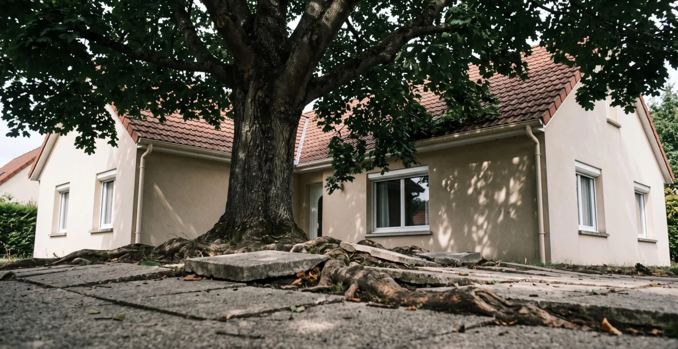 Jardin français montrant un grand érable ou chêne adulte dont les branches s'étendent très près d'une maison et dont les racines superficielles soulèvent les dalles d'une terrasse au premier plan