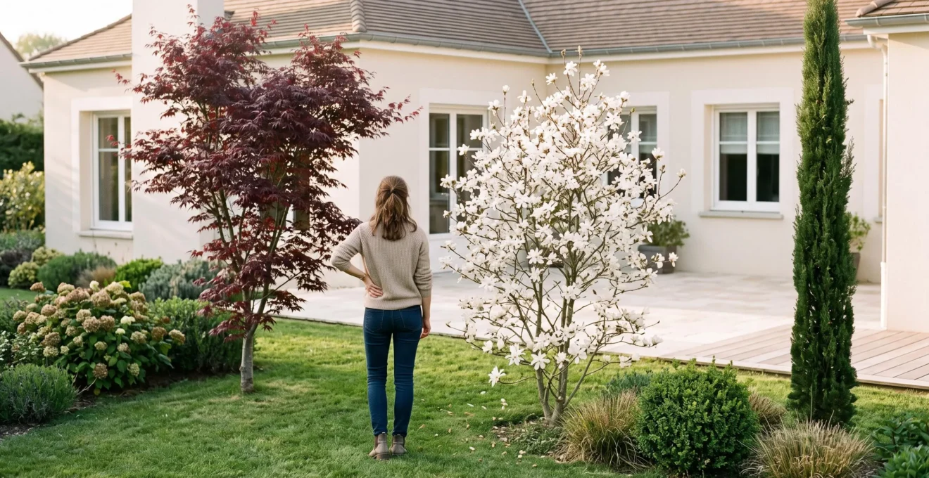 Jardin résidentiel français montrant un érable du Japon au feuillage pourpre, un magnolia étoilé en fleurs blanches et un petit cyprès répartis sur une pelouse, avec pavillon contemporain en arrière-plan et femme observant la disposition des arbres