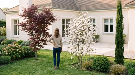 Jardin résidentiel français montrant un érable du Japon au feuillage pourpre, un magnolia étoilé en fleurs blanches et un petit cyprès répartis sur une pelouse, avec pavillon contemporain en arrière-plan et femme observant la disposition des arbres