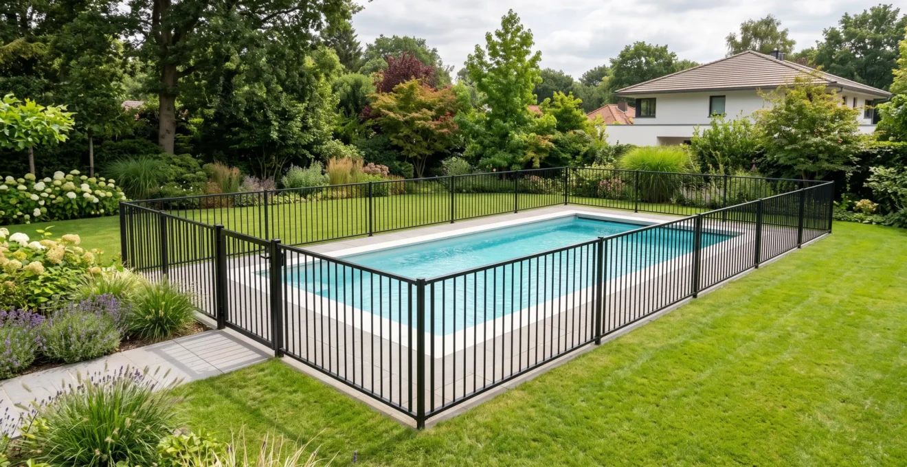 Piscine creusée sécurisée par une barrière métallique noire conforme, installée dans un jardin résidentiel avec pelouse et végétation