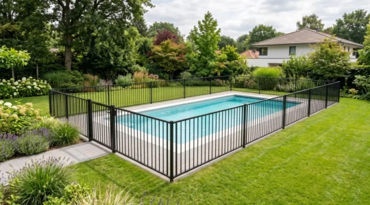 Piscine creusée sécurisée par une barrière métallique noire conforme, installée dans un jardin résidentiel avec pelouse et végétation