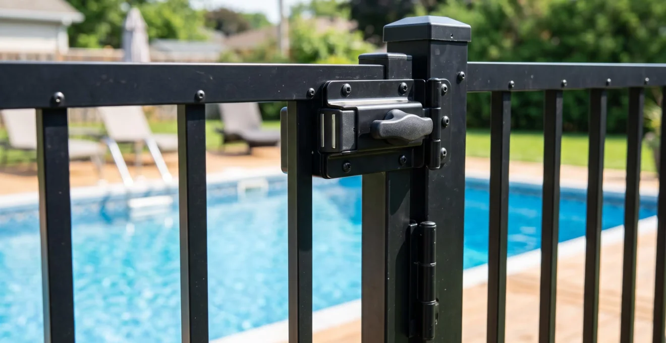 Portail de sécurité avec mécanisme de fermeture automatique et système de verrouillage, intégré dans une barrière de piscine